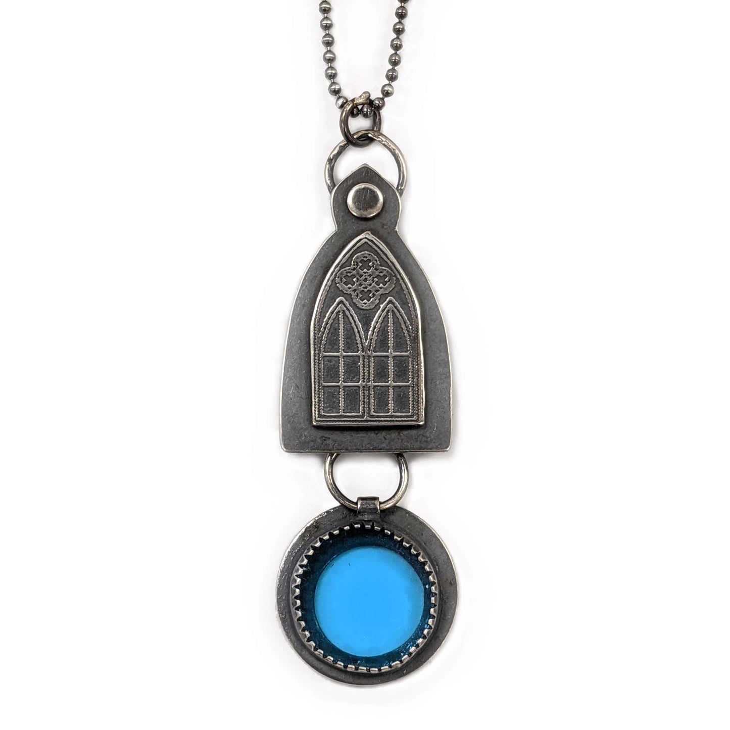 Silver Gothic Window Pendant with Blue Stained Glass by Emily Joyce