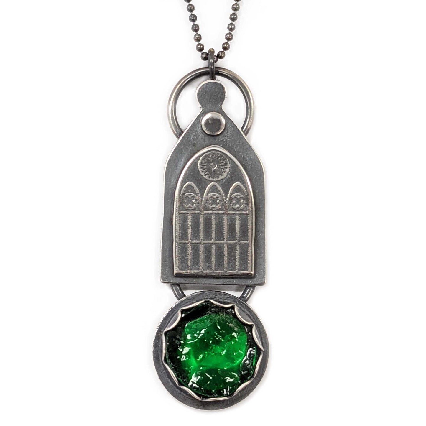 Silver Gothic Window Pendant with Green Stained Glass by Emily Joyce